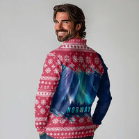 Norway Christmas Long Sleeve Polo Shirt with Northern Lights Snowflake Pattern and Nordic Forest - Wonder Print Shop