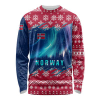 Norway Christmas Long Sleeve Shirt with Northern Lights Snowflake Pattern and Nordic Forest - Wonder Print Shop