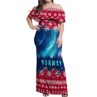 Norway Christmas Off Shoulder Maxi Dress with Northern Lights Snowflake Pattern and Nordic Forest - Wonder Print Shop