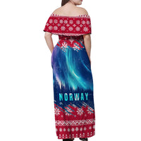 Norway Christmas Off Shoulder Maxi Dress with Northern Lights Snowflake Pattern and Nordic Forest - Wonder Print Shop