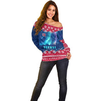 Norway Christmas Off Shoulder Sweater with Northern Lights Snowflake Pattern and Nordic Forest - Wonder Print Shop
