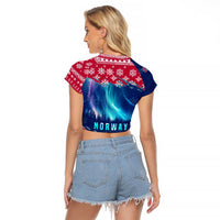 Norway Christmas Raglan Cropped T Shirt with Northern Lights Snowflake Pattern and Nordic Forest - Wonder Print Shop