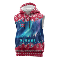 Norway Christmas Sleeveless Hoodie with Northern Lights Snowflake Pattern and Nordic Forest - Wonder Print Shop