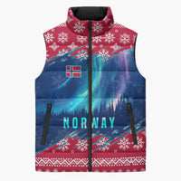 Norway Christmas Sleeveless Puffer Jacket with Northern Lights Snowflake Pattern and Nordic Forest - Wonder Print Shop