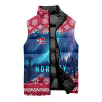Norway Christmas Sleeveless Puffer Jacket with Northern Lights Snowflake Pattern and Nordic Forest - Wonder Print Shop