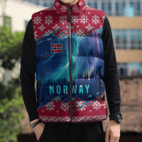 Norway Christmas Sleeveless Puffer Jacket with Northern Lights Snowflake Pattern and Nordic Forest - Wonder Print Shop