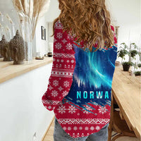 Norway Christmas Women Casual Shirt with Northern Lights Snowflake Pattern and Nordic Forest - Wonder Print Shop
