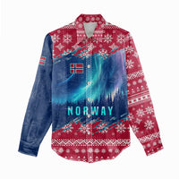 Norway Christmas Women Casual Shirt with Northern Lights Snowflake Pattern and Nordic Forest - Wonder Print Shop