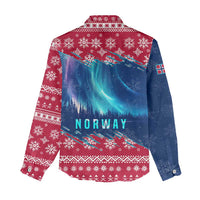 Norway Christmas Women Casual Shirt with Northern Lights Snowflake Pattern and Nordic Forest - Wonder Print Shop