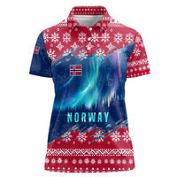 Norway Christmas Women Polo Shirt with Northern Lights Snowflake Pattern and Nordic Forest - Wonder Print Shop