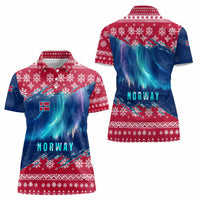 Norway Christmas Women Polo Shirt with Northern Lights Snowflake Pattern and Nordic Forest - Wonder Print Shop
