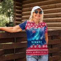 Norway Christmas Women Polo Shirt with Northern Lights Snowflake Pattern and Nordic Forest - Wonder Print Shop