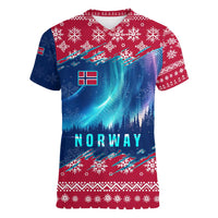 Norway Christmas Women V-Neck T-Shirt with Northern Lights Snowflake Pattern and Nordic Forest - Wonder Print Shop