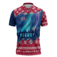 Norway Christmas Zipper Polo Shirt with Northern Lights Snowflake Pattern and Nordic Forest - Wonder Print Shop