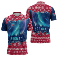 Norway Christmas Zipper Polo Shirt with Northern Lights Snowflake Pattern and Nordic Forest - Wonder Print Shop