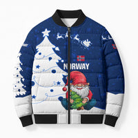 Norway Christmas Bomber Puffer Jacket with Nordic Gnome Santa White Tree and Snowflake - Wonder Print Shop