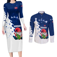 Norway Christmas Couples Matching Long Sleeve Bodycon Dress and Long Sleeve Button Shirt with Nordic Gnome Santa White Tree and Snowflake - Wonder Print Shop