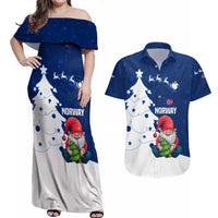 Norway Christmas Couples Matching Off Shoulder Maxi Dress and Hawaiian Shirt with Nordic Gnome Santa White Tree and Snowflake - Wonder Print Shop
