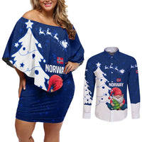 Norway Christmas Couples Matching Off Shoulder Short Dress and Long Sleeve Button Shirt with Nordic Gnome Santa White Tree and Snowflake - Wonder Print Shop