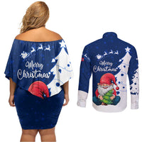 Norway Christmas Couples Matching Off Shoulder Short Dress and Long Sleeve Button Shirt with Nordic Gnome Santa White Tree and Snowflake - Wonder Print Shop