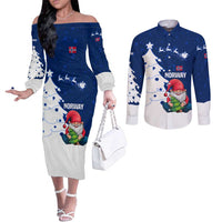 Norway Christmas Couples Matching Off The Shoulder Long Sleeve Dress and Long Sleeve Button Shirt with Nordic Gnome Santa White Tree and Snowflake - Wonder Print Shop