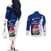 Norway Christmas Couples Matching Off The Shoulder Long Sleeve Dress and Long Sleeve Button Shirt with Nordic Gnome Santa White Tree and Snowflake - Wonder Print Shop