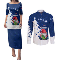 Norway Christmas Couples Matching Puletasi and Long Sleeve Button Shirt with Nordic Gnome Santa White Tree and Snowflake - Wonder Print Shop