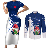 Norway Christmas Couples Matching Short Sleeve Bodycon Dress and Long Sleeve Button Shirt with Nordic Gnome Santa White Tree and Snowflake - Wonder Print Shop