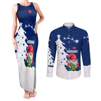 Norway Christmas Couples Matching Tank Maxi Dress and Long Sleeve Button Shirt with Nordic Gnome Santa White Tree and Snowflake - Wonder Print Shop