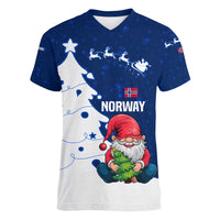 Norway Christmas Women V-Neck T-Shirt with Nordic Gnome Santa White Tree and Snowflake - Wonder Print Shop