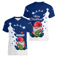 Norway Christmas Women V-Neck T-Shirt with Nordic Gnome Santa White Tree and Snowflake - Wonder Print Shop