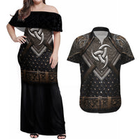 Legendary Viking Armor Couples Matching Off Shoulder Maxi Dress and Hawaiian Shirt Triple Horn Saga - Wonder Print Shop