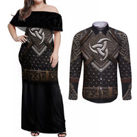 Legendary Viking Armor Couples Matching Off Shoulder Maxi Dress and Long Sleeve Button Shirts Triple Horn Saga - Wonder Print Shop