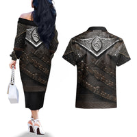Legendary Viking Armor Couples Matching Off The Shoulder Long Sleeve Dress and Hawaiian Shirt Triple Horn Saga - Wonder Print Shop