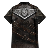 Men's black short-sleeve Hawaiian shirt, viking armor back print with shield emblem