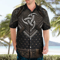 Men's black Hawaiian shirt with viking armor design, open collar and button placket