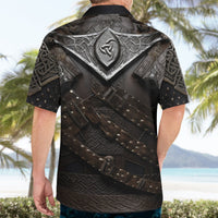 Men's black short-sleeve Hawaiian shirt with viking armor back graphic and shield symbol