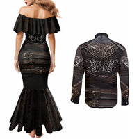 viking-warrior-armor-couples-matching-mermaid-dress-and-long-sleeve-button-shirts-fenrir-wolf-symbol
