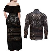 Viking Warrior Armor Couples Matching Off Shoulder Maxi Dress and Long Sleeve Button Shirts Fenrir Wolf Symbol - Wonder Print Shop
