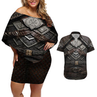 Viking Warrior Armor Couples Matching Off Shoulder Short Dress and Hawaiian Shirt Fenrir Wolf Symbol - Wonder Print Shop
