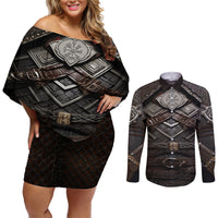 Viking Warrior Armor Couples Matching Off Shoulder Short Dress and Long Sleeve Button Shirts Fenrir Wolf Symbol - Wonder Print Shop