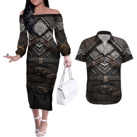 Viking Warrior Armor Couples Matching Off The Shoulder Long Sleeve Dress and Hawaiian Shirt Fenrir Wolf Symbol - Wonder Print Shop