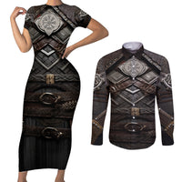 Viking Warrior Armor Couples Matching Short Sleeve Bodycon Dress and Long Sleeve Button Shirts Fenrir Wolf Symbol - Wonder Print Shop