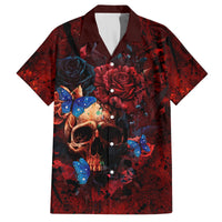 Red Hawaiian shirt with open collar, skull and rose artwork, blue butterfly accents