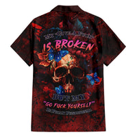 Red Hawaiian button-up shirt with skull, blue butterflies, and rose graphics, short sleeves