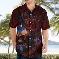 Red Hawaiian button-up shirt with skull, red roses, blue butterflies, short sleeves
