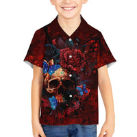 Kids red Hawaiian button-up shirt with skull, roses, and blue butterfly print, short sleeves