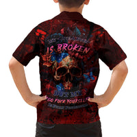 Red Hawaiian shirt back with skull graphic, butterflies, and rose text print, short sleeves