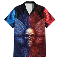 Multicolor Hawaiian shirt with black collar, centered skull graphic and smoke wings
