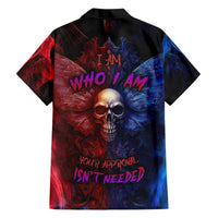Multicolor Hawaiian shirt with black collar, skull-and-wings graphic, bold text